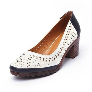 Aimeigao Summer Pointed Toe White Black Leather Mid-Heel Pumps US Size 7.5 NEW